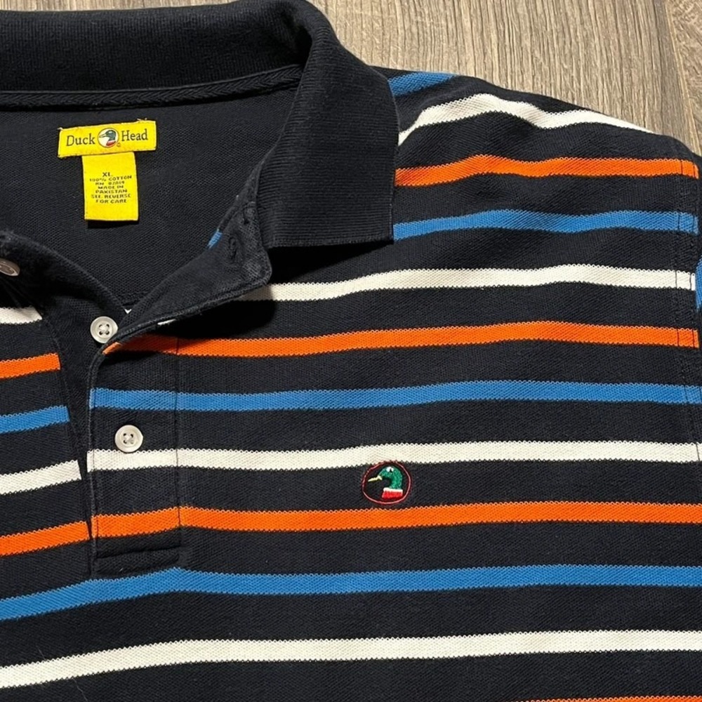 Vintage Duck Head XL Blue Orange White Striped Polo Long Sleeve Shirt